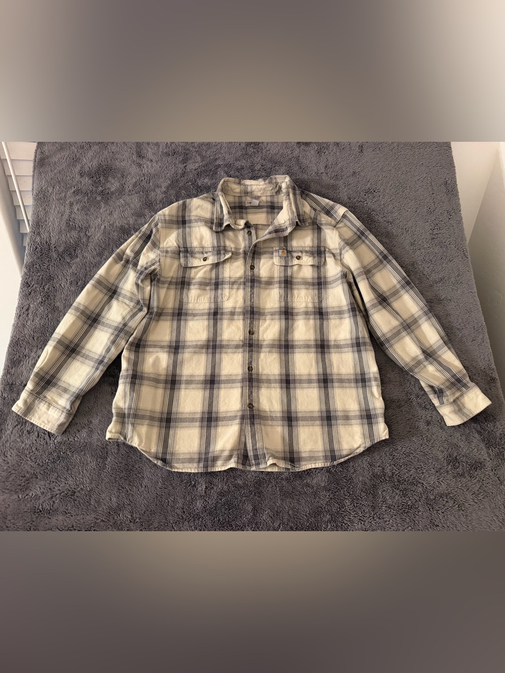 Carhartt Men's Plaid Button-Down Shirt in Cream and Navy